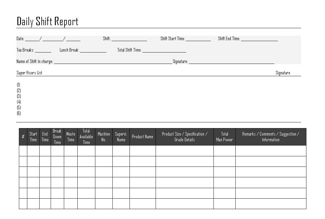 Daily Shift Report – Within Machine Breakdown Report Template