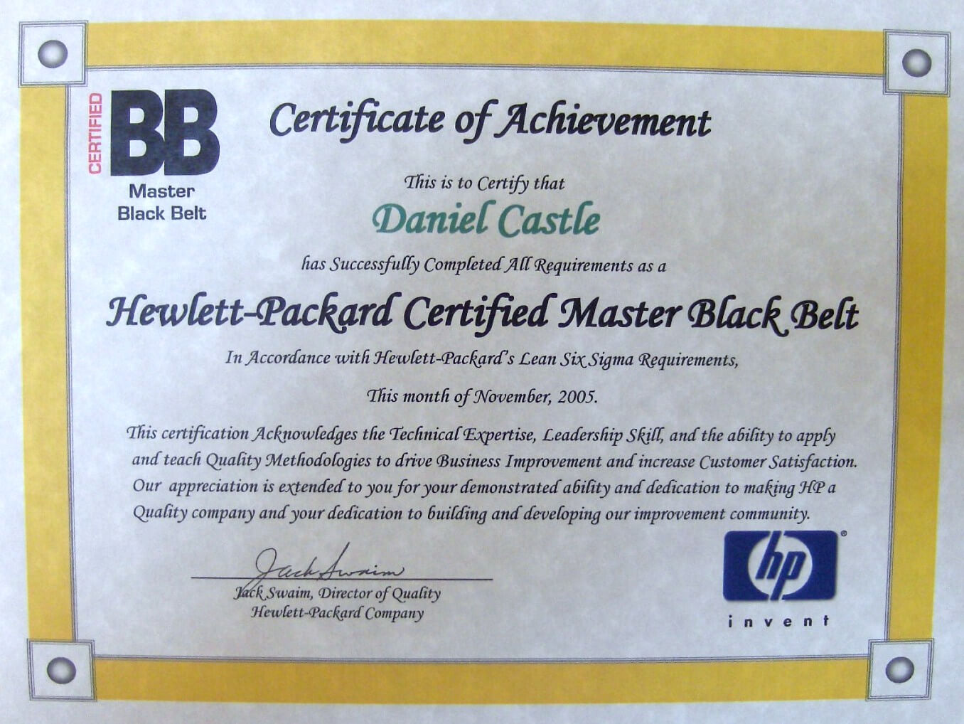 Dan Castle – Leader In The Professional Community With Regard To Green Belt Certificate Template