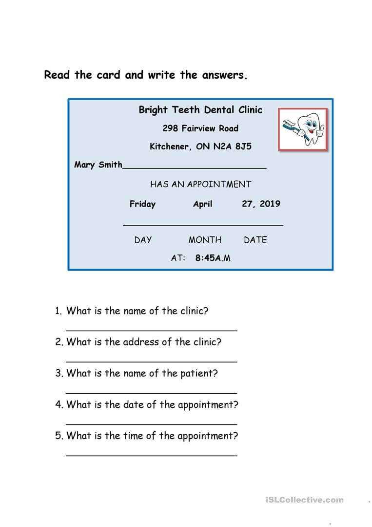 Dentist Appointment Card - English Esl Worksheets With Dentist Appointment Card Template