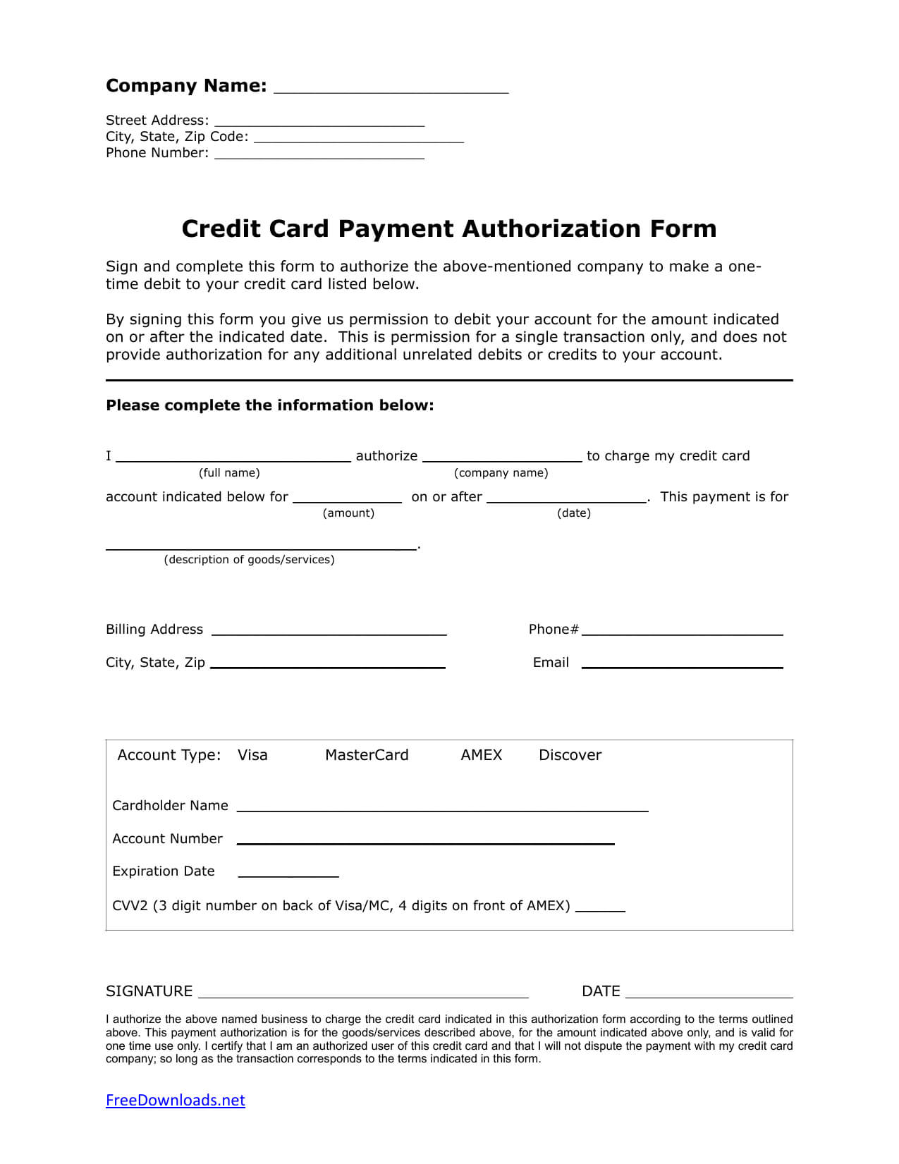 Download One (1) Time Credit Card Authorization Payment Form With Credit Card Billing Authorization Form Template