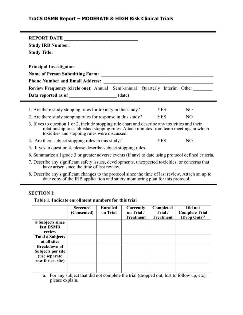 Dsmb Report Form Template Pertaining To Clinical Trial Report Template