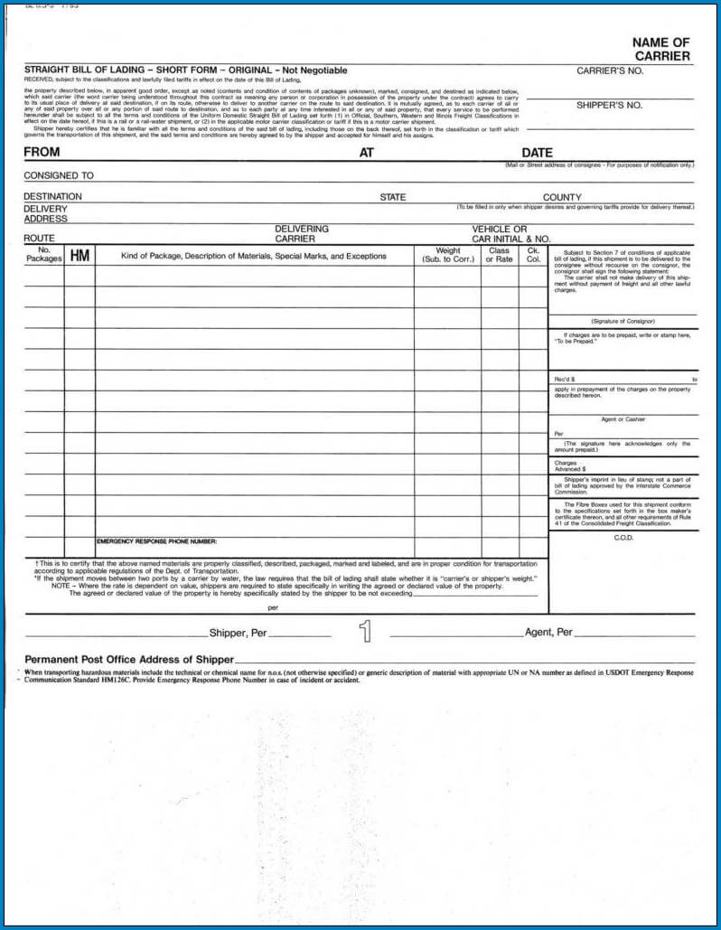√ Free Printable Short Form Bill Of Lading | Templateral Intended For Blank Bol Template