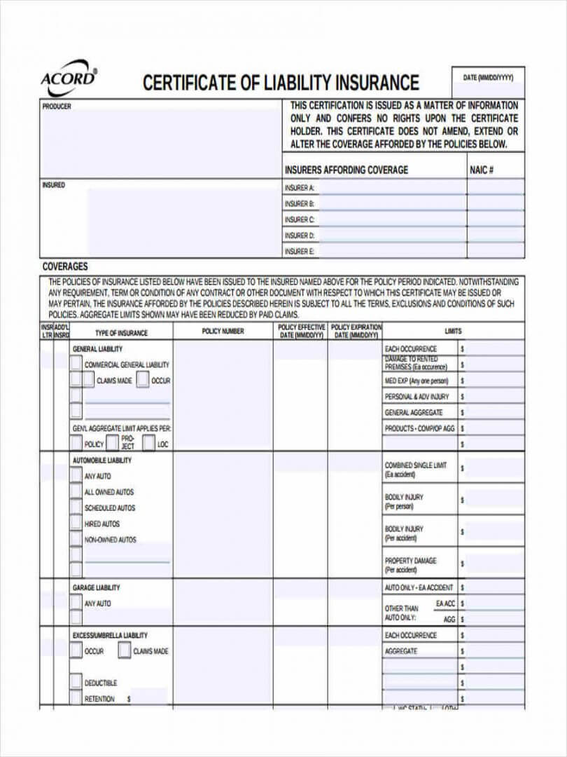 Editable 10 Liability Insurance Form Samples Free Sample Inside Certificate Of Liability Insurance Template