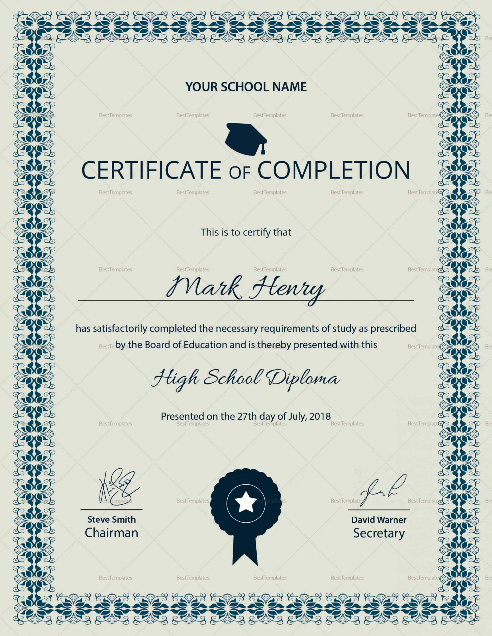 Editable High School Diploma Completion Certificate Design In Certificate Templates For School