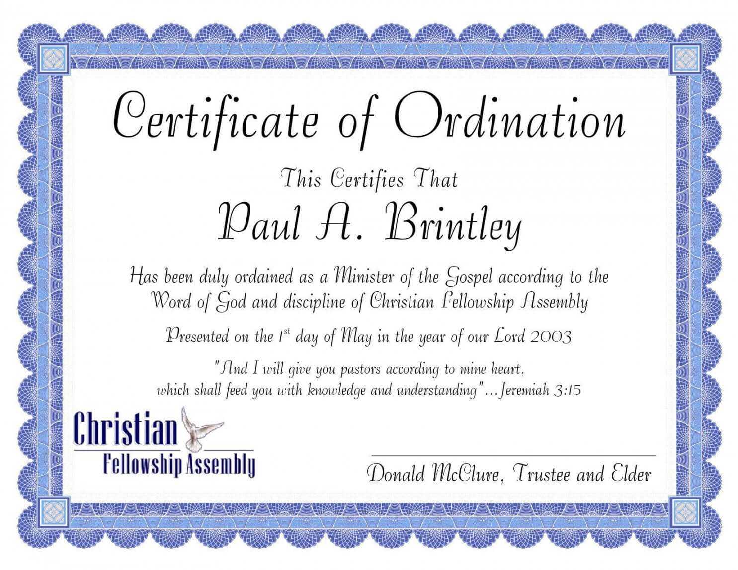 Editable Pastoral Ordination Certificatepatricia Clay In Ordination Certificate Template