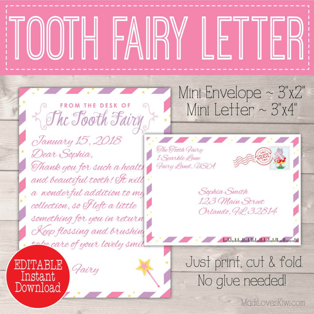 Editable Tooth Fairy Letter With Envelope | Printable Pink Within Free Tooth Fairy Certificate Template