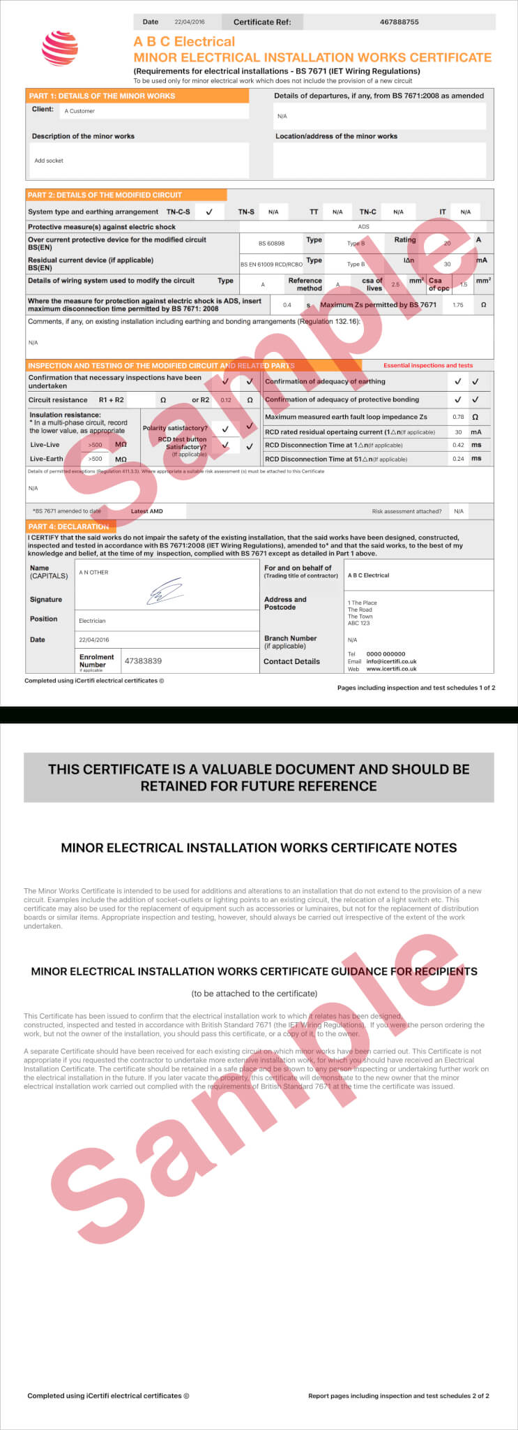 Electrical Certificate – Example Minor Works Certificate In Minor Electrical Installation Works Certificate Template