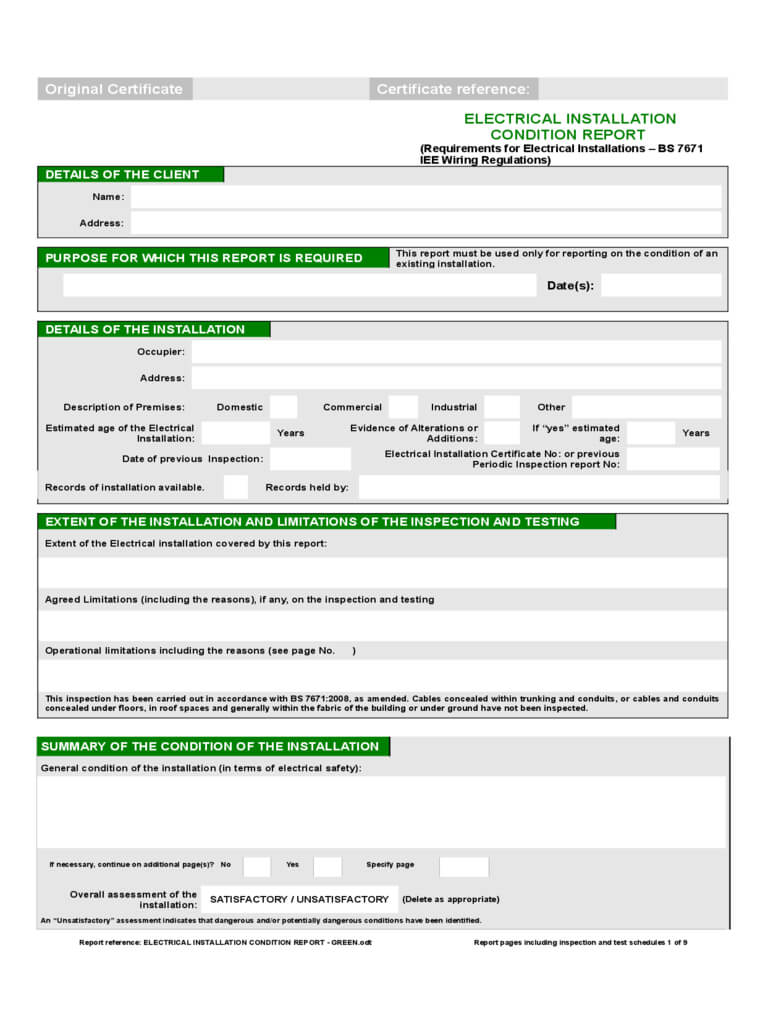 Electrical Installation Condition Report Form – 2 Free Throughout Electrical Installation Test Certificate Template