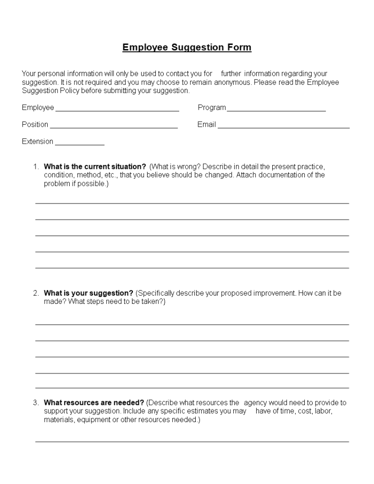 Word Employee Suggestion Form Template - Professional Template