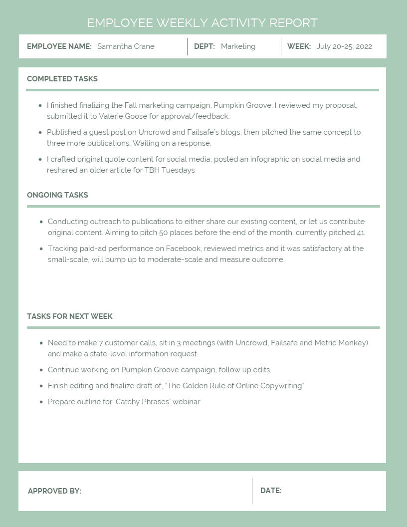 Employee Weekly Activity Report For Monthly Activity Report Template