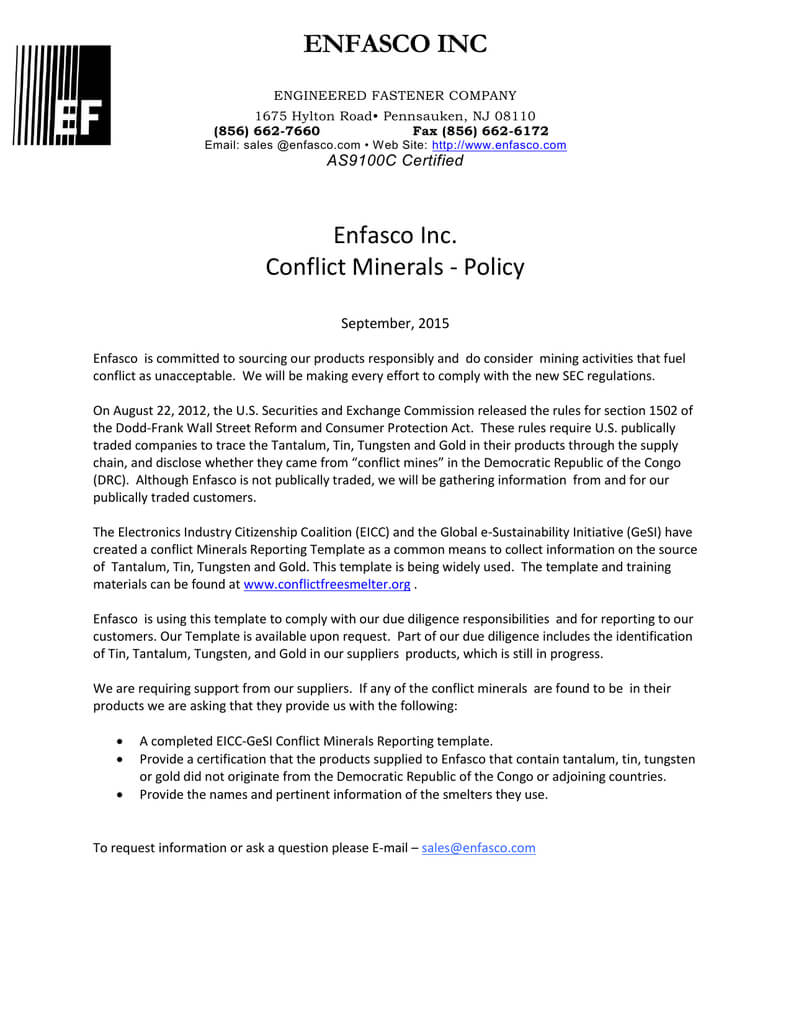 Enfasco Inc Enfasco Inc. Conflict Minerals – Policy Within Eicc Conflict Minerals Reporting Template