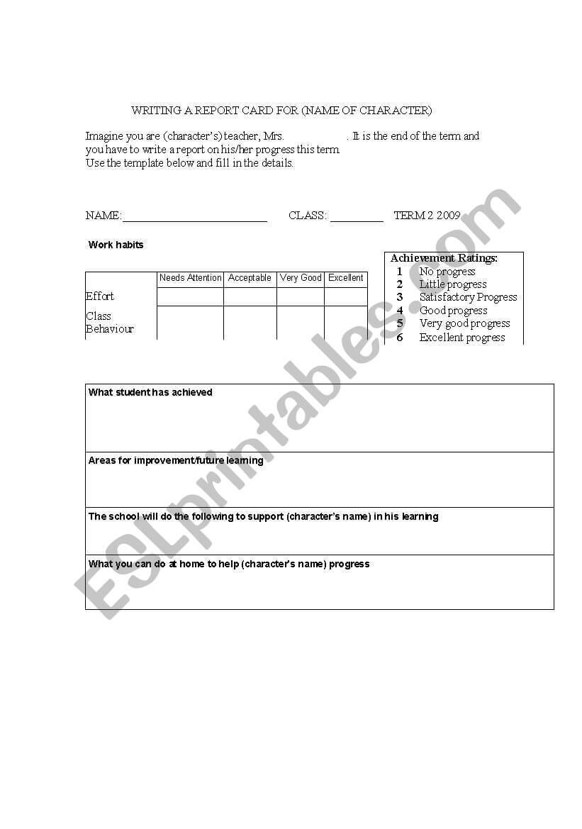 English Worksheets: Writng A Report Card For A Character For Character Report Card Template