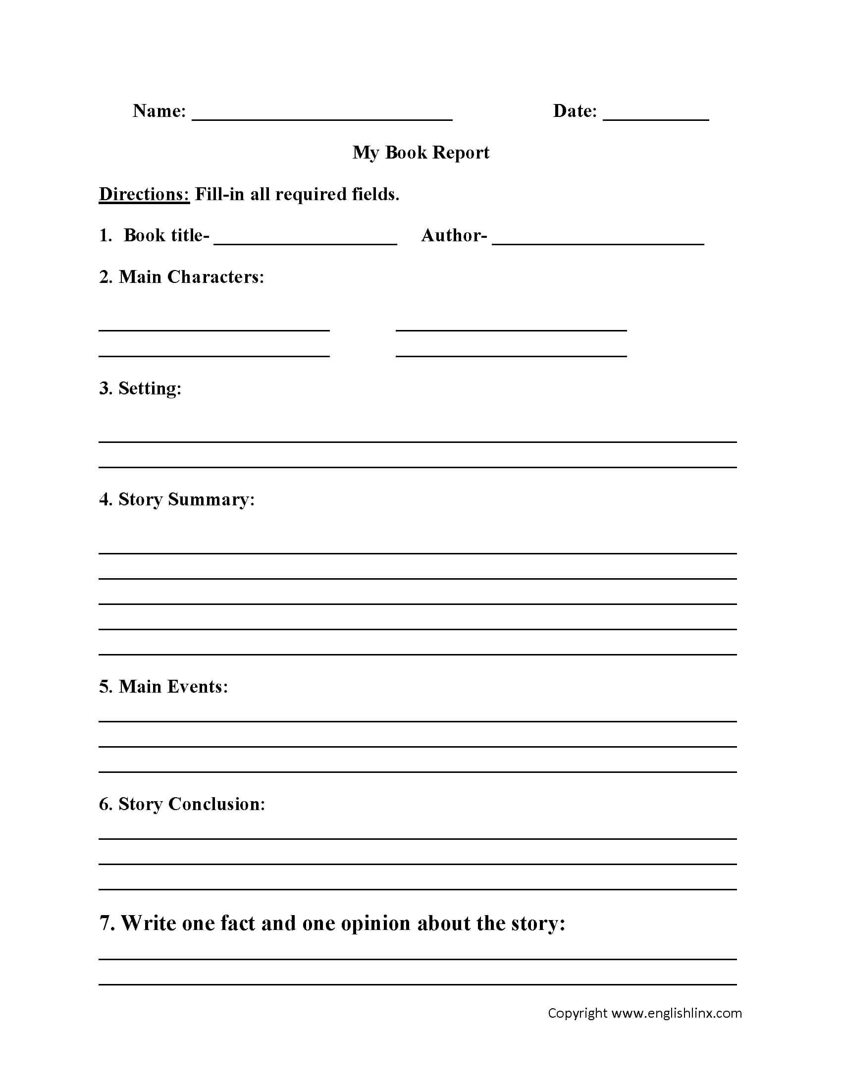 Englishlinx | Book Report Worksheets With Book Report Template Grade 1