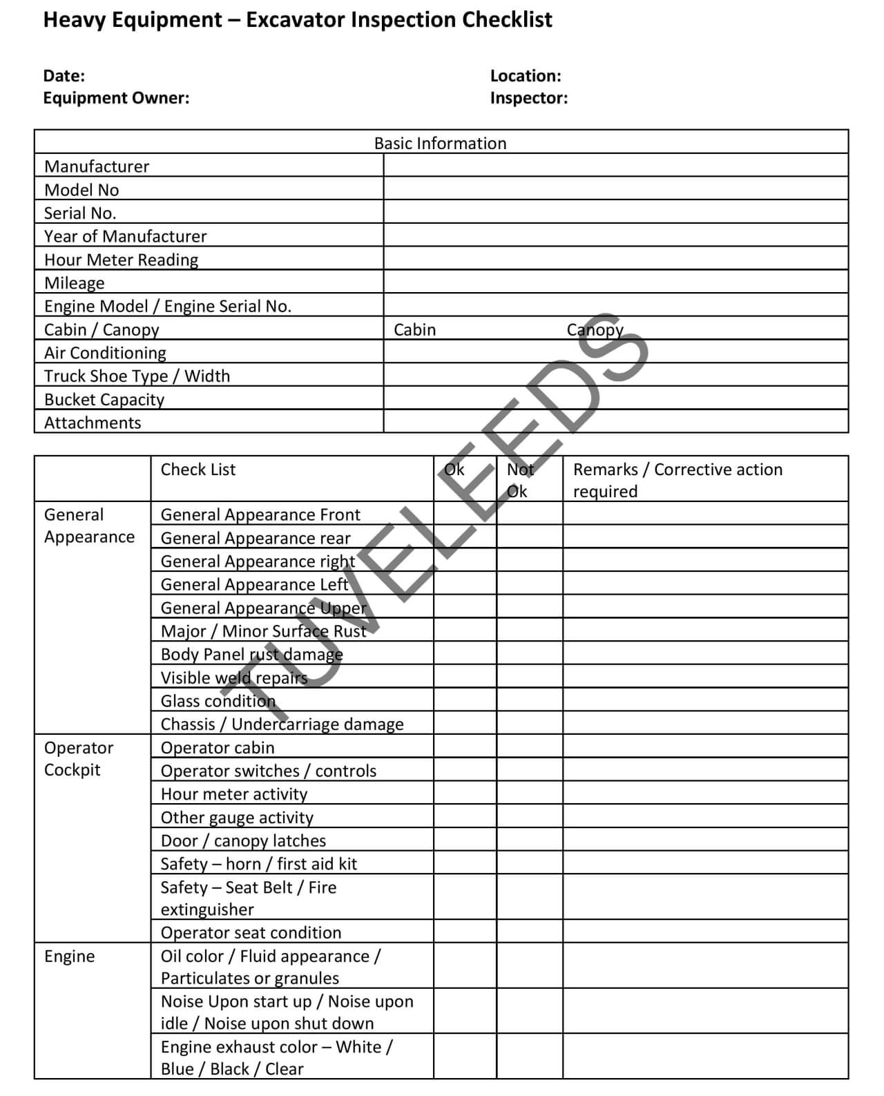 Excavator Inspection Checklist – Tove Leeds For Certificate Of Inspection Template