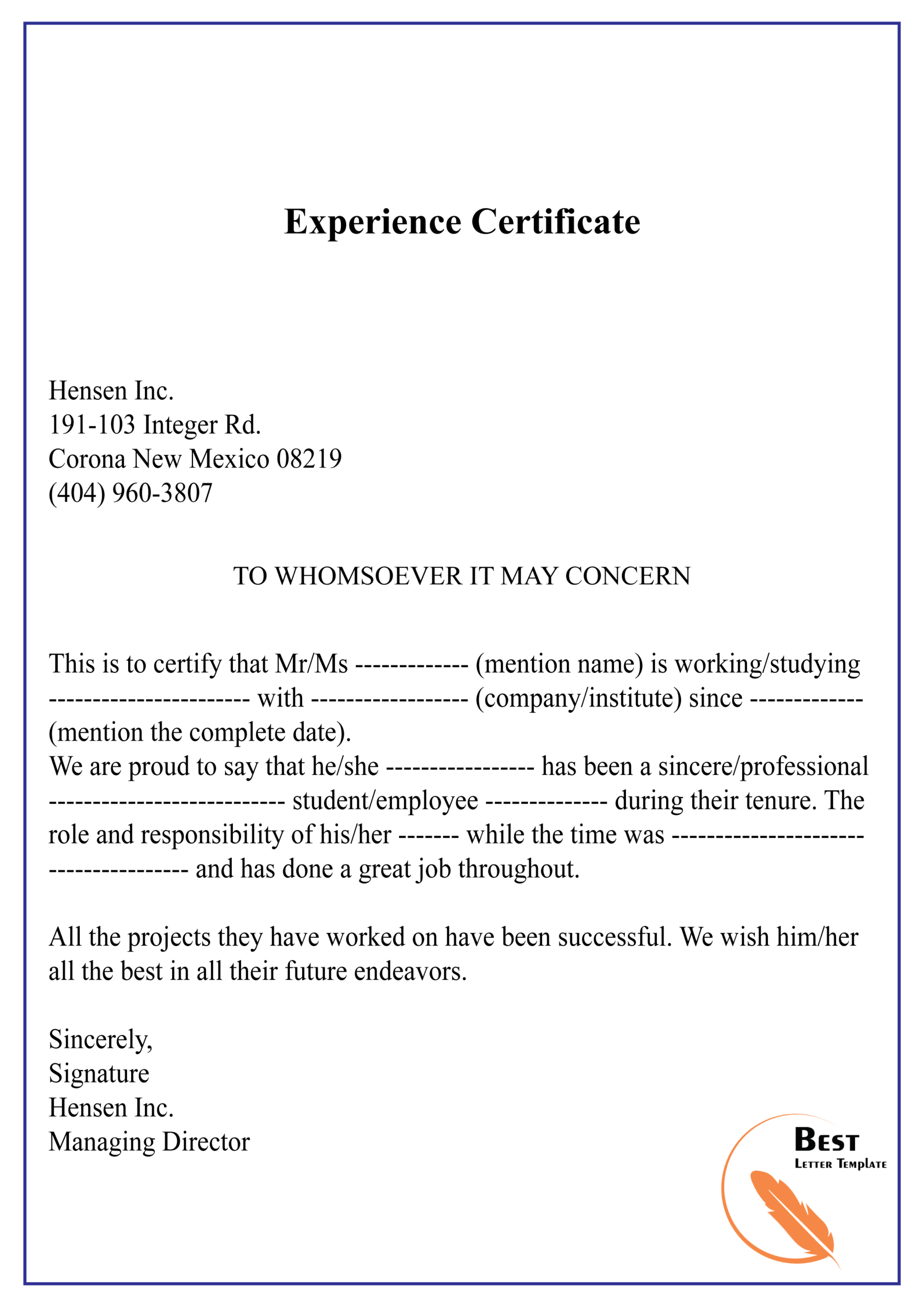 Experience Certificate 01 | Best Letter Template Throughout Certificate Of Experience Template