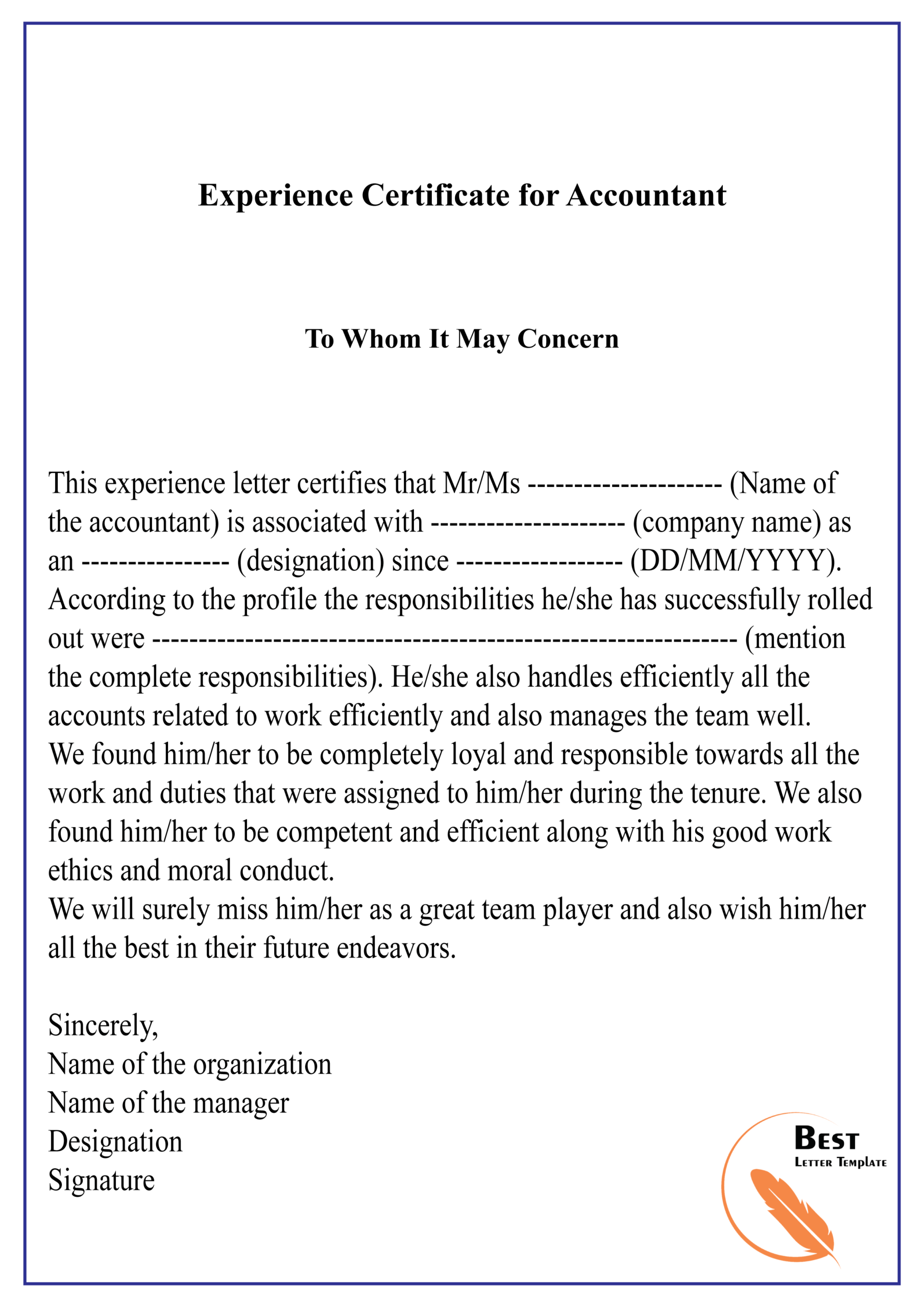 Experience Certificate For Accountant 01 | Best Letter Template Regarding Template Of Experience Certificate