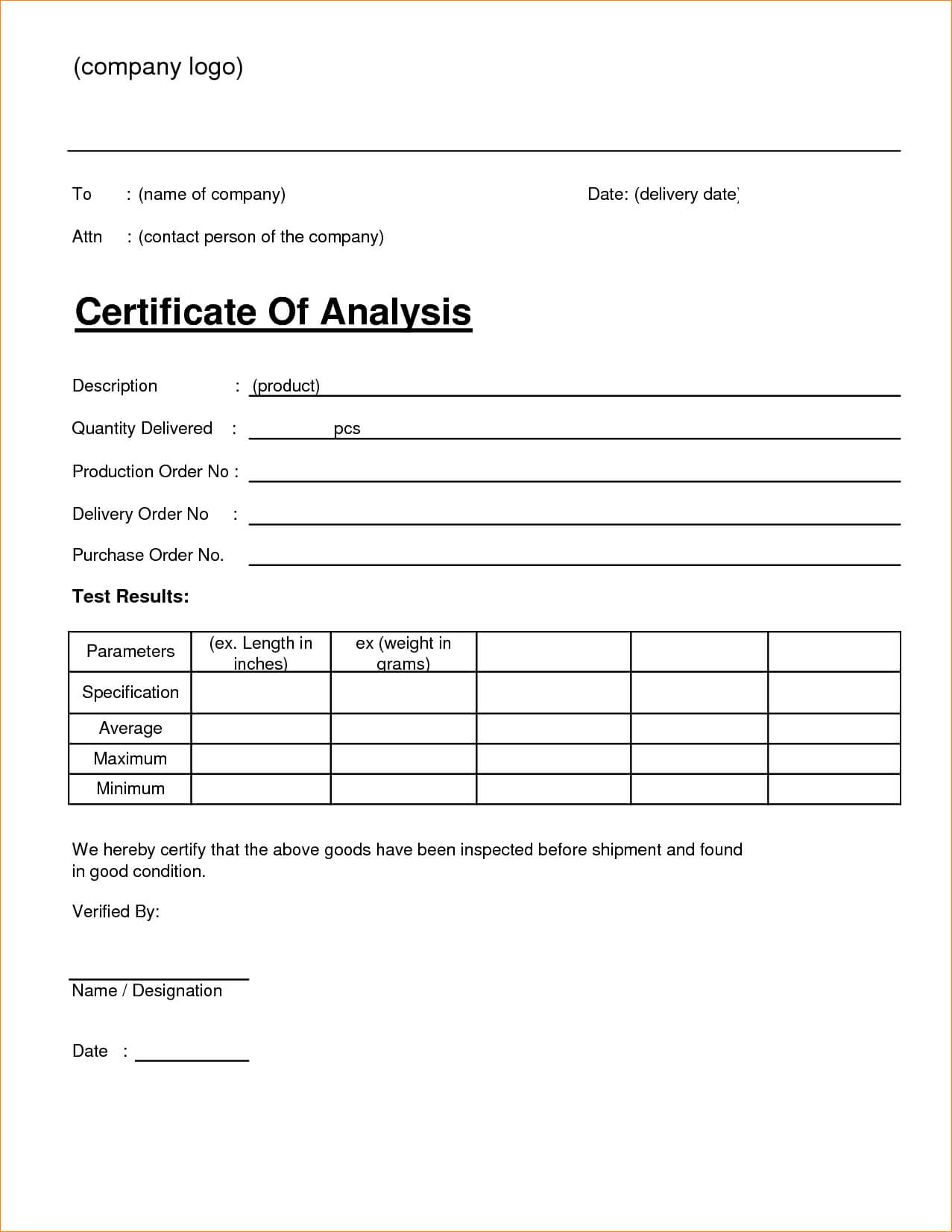 🥰4+ Free Sample Certificate Of Analysis (Coa) Templates🥰 Pertaining To Certificate Of Analysis Template