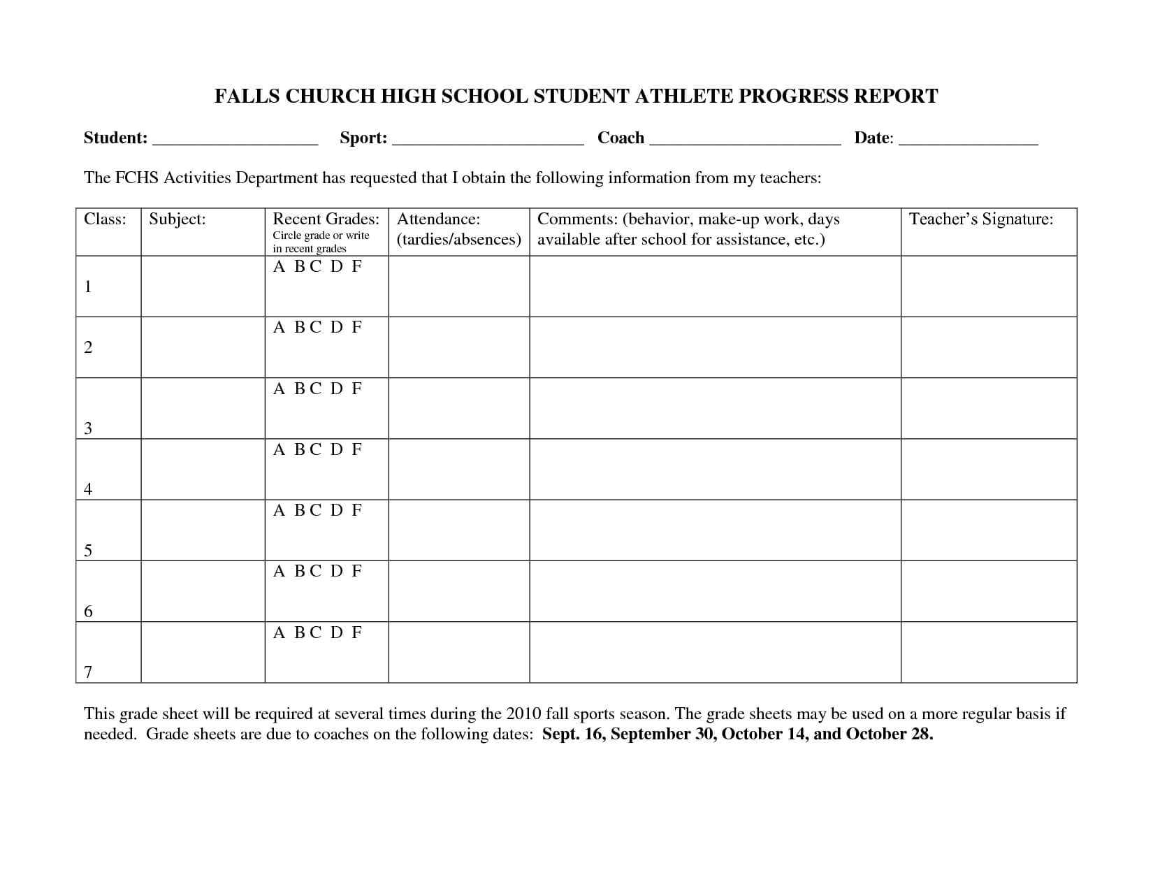 Falls Church High School Student Athlete Progress Report With Regard To High School Progress Report Template