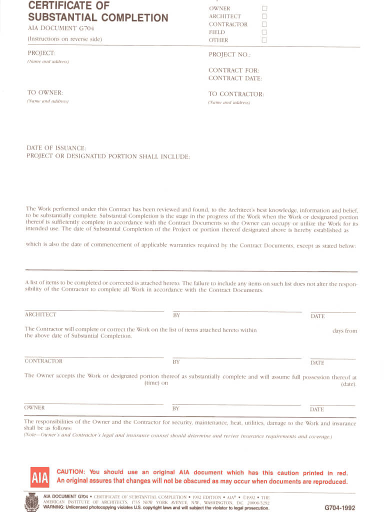 Fillable Online Certificate Of Substantial Completion Fax For Certificate Of Substantial Completion Template