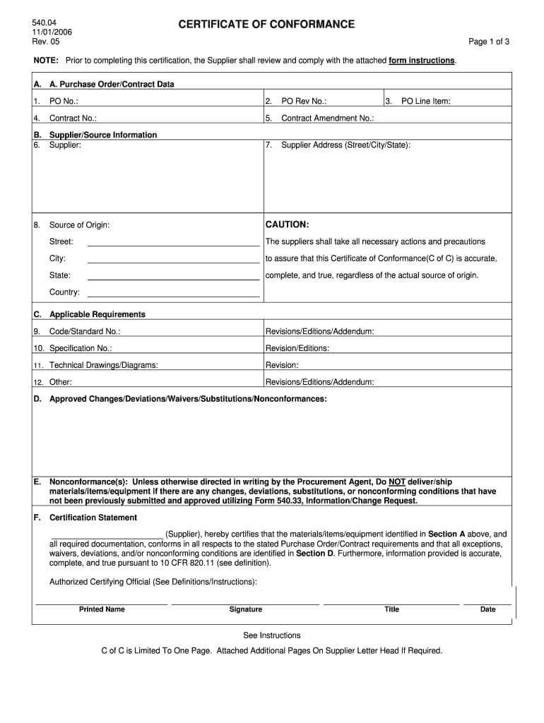 Fillable Online Supplier Certificate Of Conformance Form Regarding Certificate Of Conformance Template