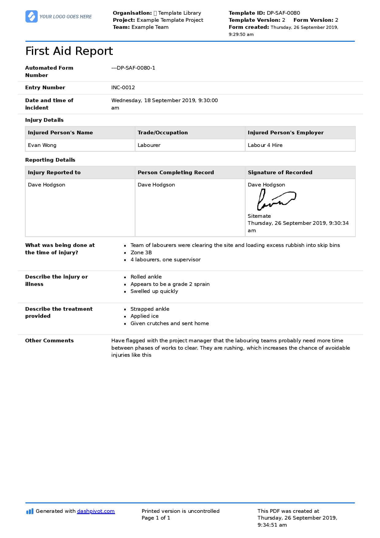 First Aid Incident Form In Incident Report Template Uk