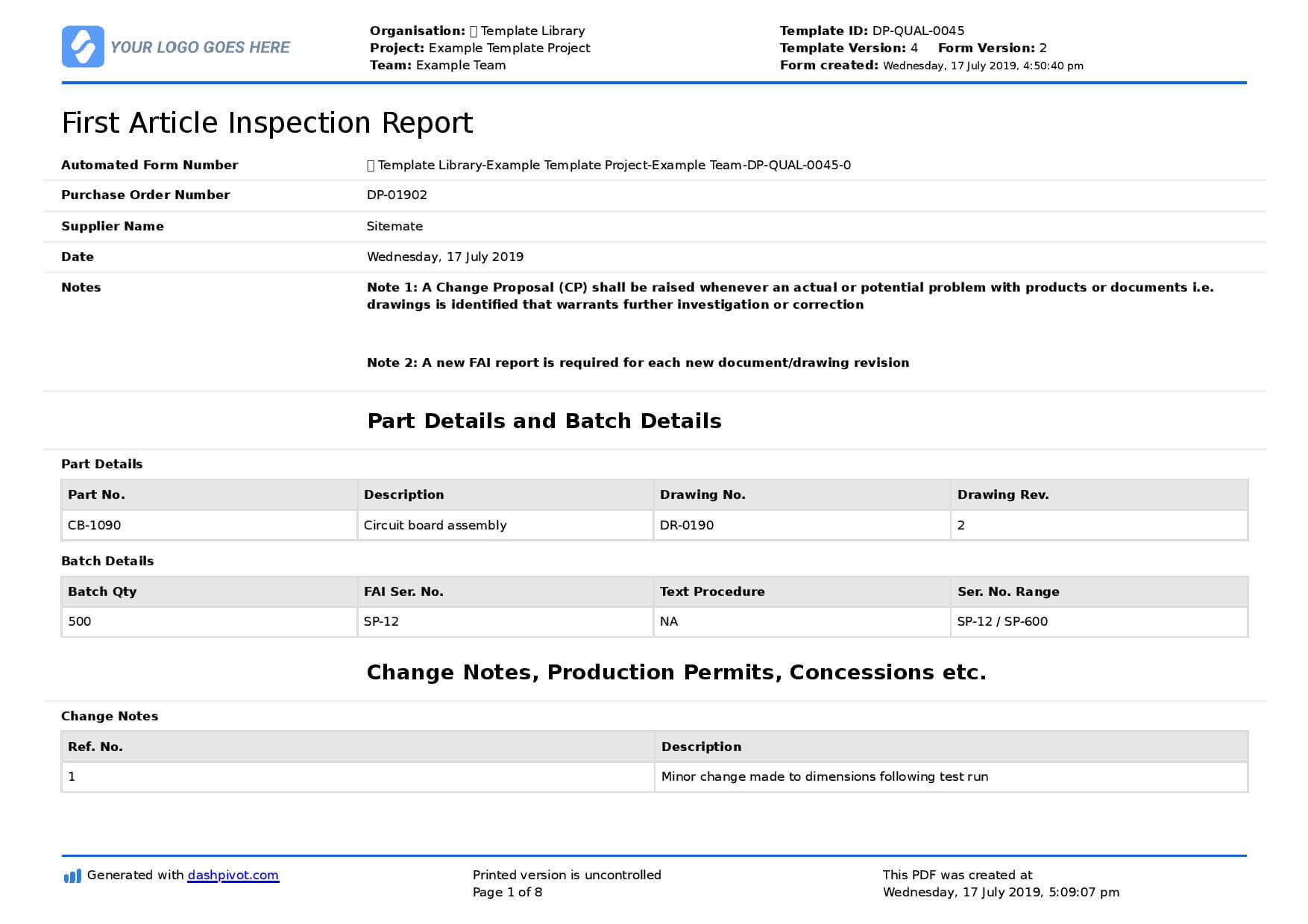 First Article Inspection Form Template: Free & Editable Throughout Engineering Inspection Report Template