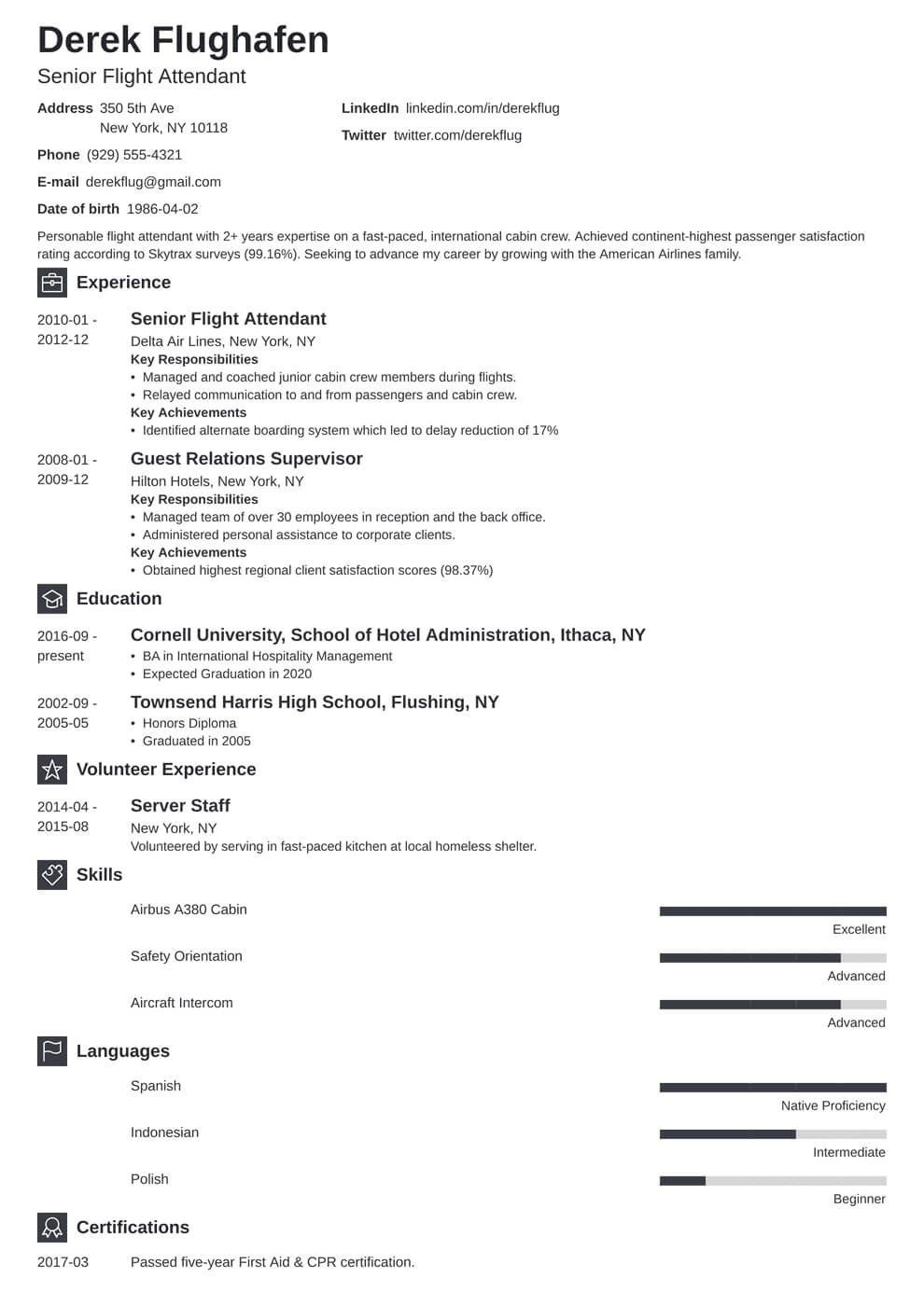 Flight Attendant Resume Sample [Also With No Experience] Intended For Fit To Fly Certificate Template
