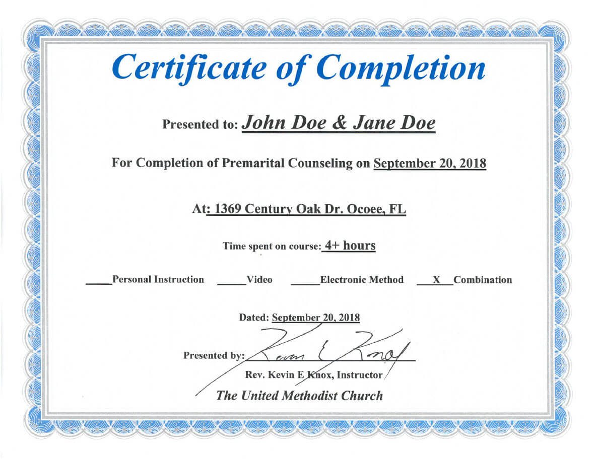 Florida Premarital Course Online, Licensed Provider – Only Inside Premarital Counseling Certificate Of Completion Template