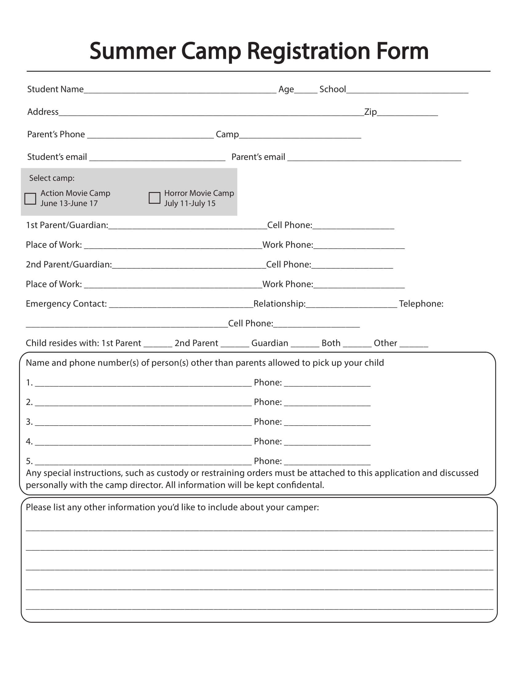 Free 10+ Printable Summer Camp Registration Forms | Pdf Pertaining To Camp Registration Form Template Word