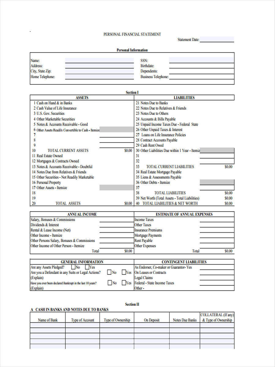 Free 7+ Personal Financial Statement Form In Sample, Example With Regard To Blank Personal Financial Statement Template