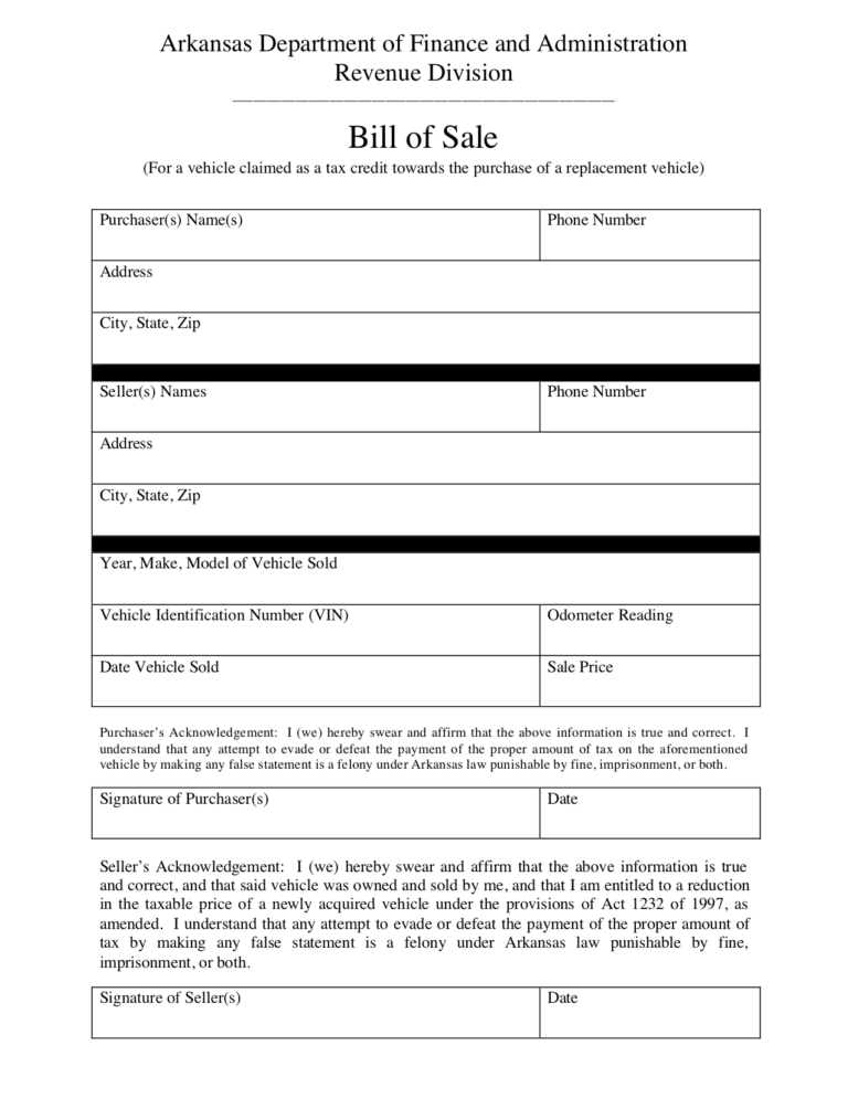 Free Arkansas Bill Of Sale Form – Pdf Template | Legaltemplates Within ...