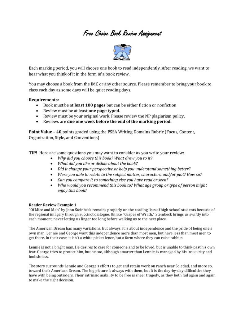 Free Choice Book Review Assignment Within One Page Book Report Template