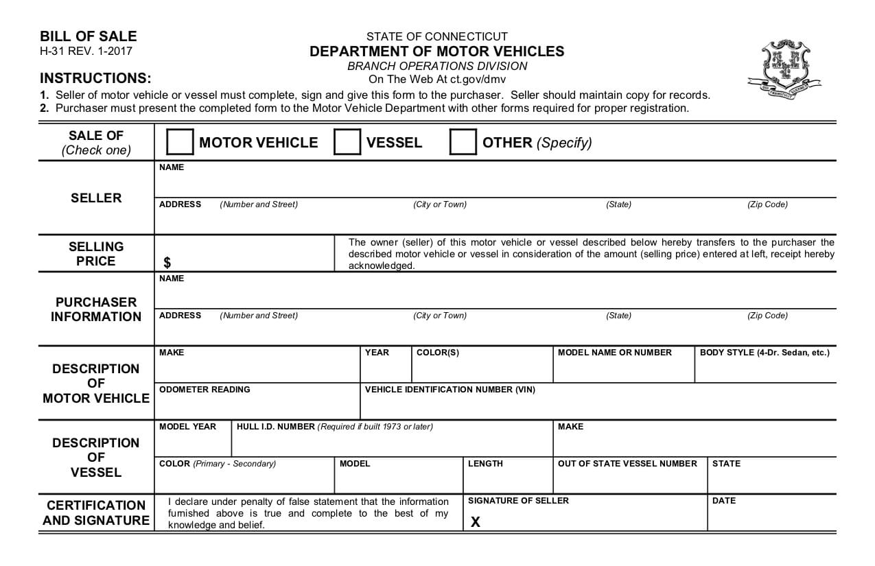 Free Connecticut Bill Of Sale Form – Pdf Template Within Certificate Of Origin For A Vehicle Template