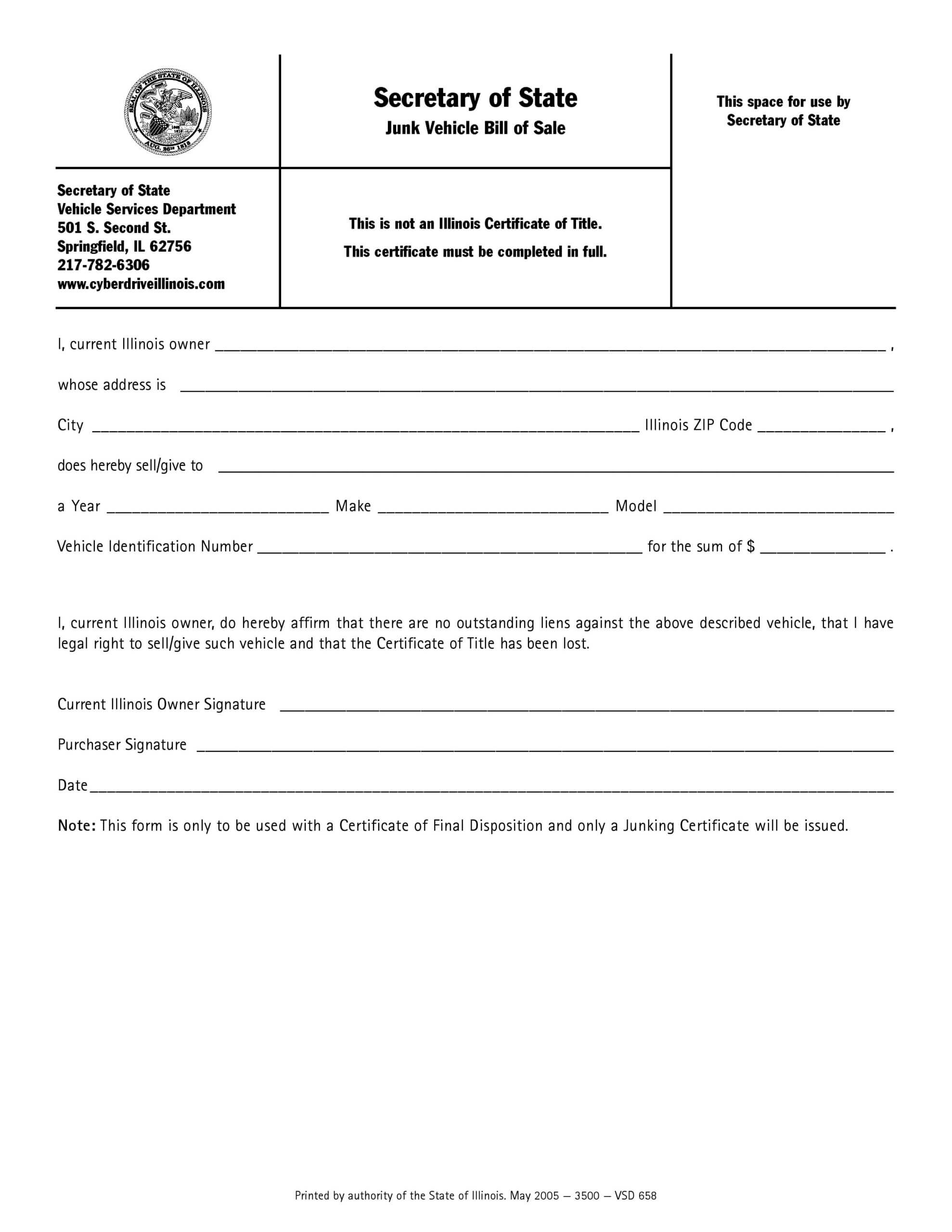 Free Illinois Junk Vehicle Bill Of Sale Form | Pdf | Word With Regard To Certificate Of Disposal Template