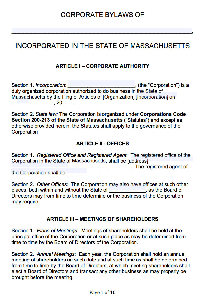 Free Massachusetts Corporate Bylaws Template | Pdf | Word | With Regard To Corporate Bylaws Template Word