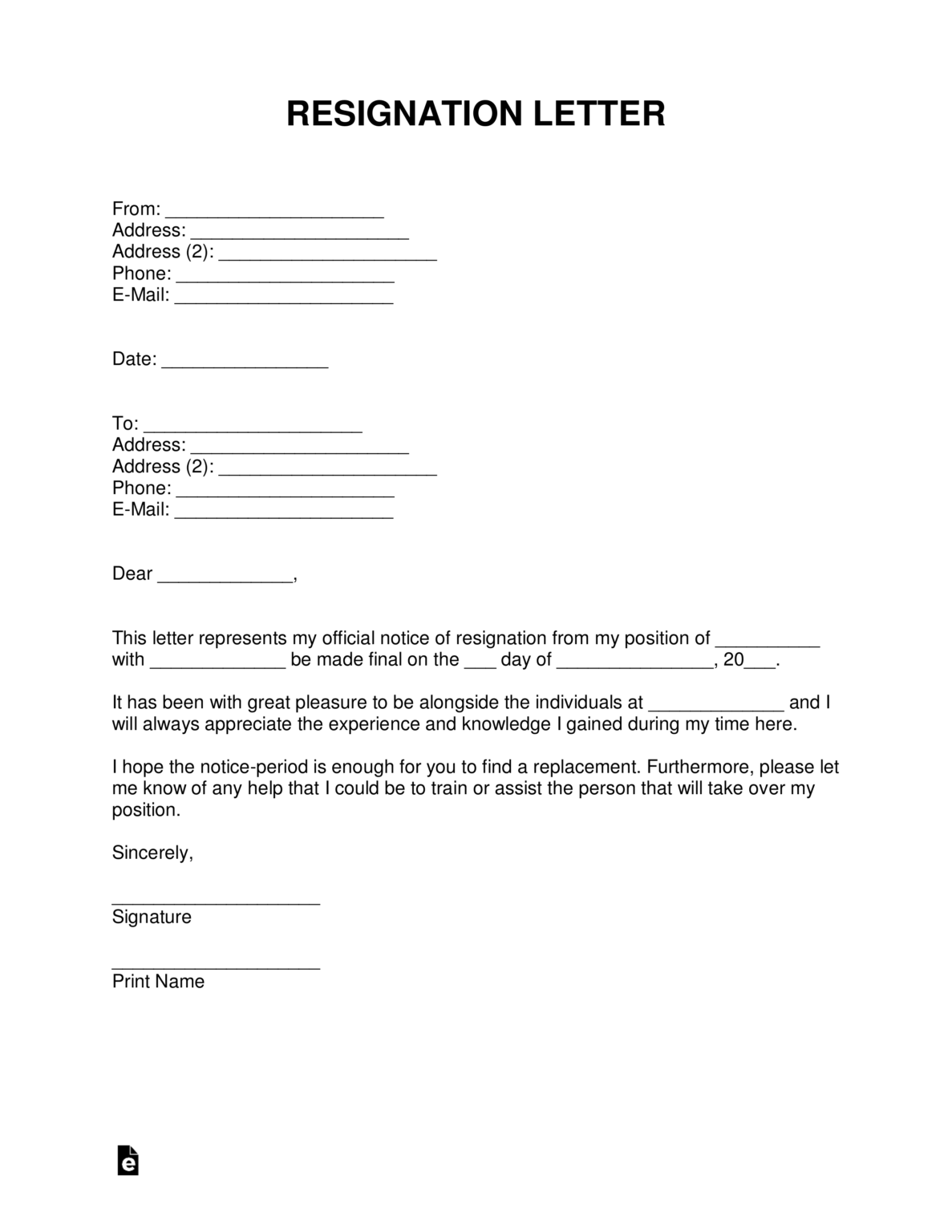 Free Resignation Letters Templates Samples Pdf Word For 2 Weeks 