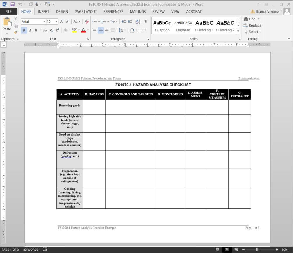 Fsms Hazard Analysis Checklist Template | Fds1070 1 Intended For Safety Analysis Report Template