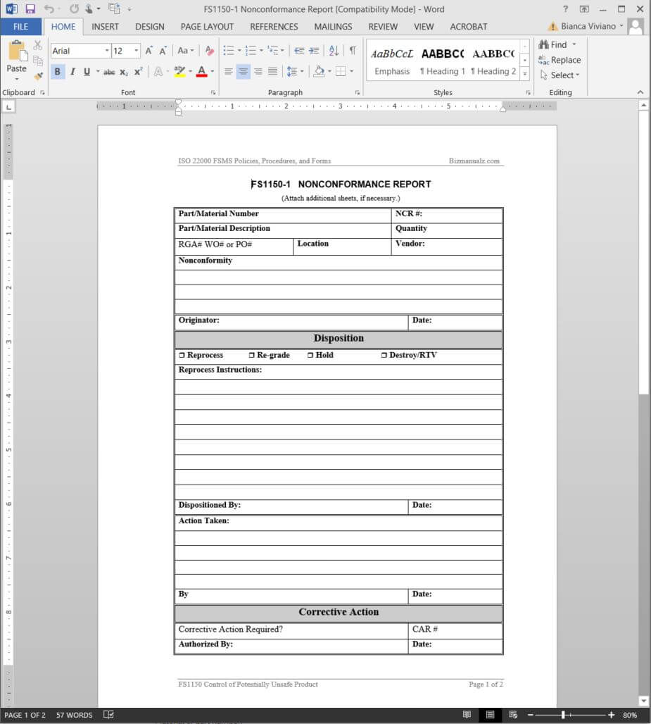 Fsms Nonconformance Report Template | Fds1150 1 With Non Conformance Report Form Template