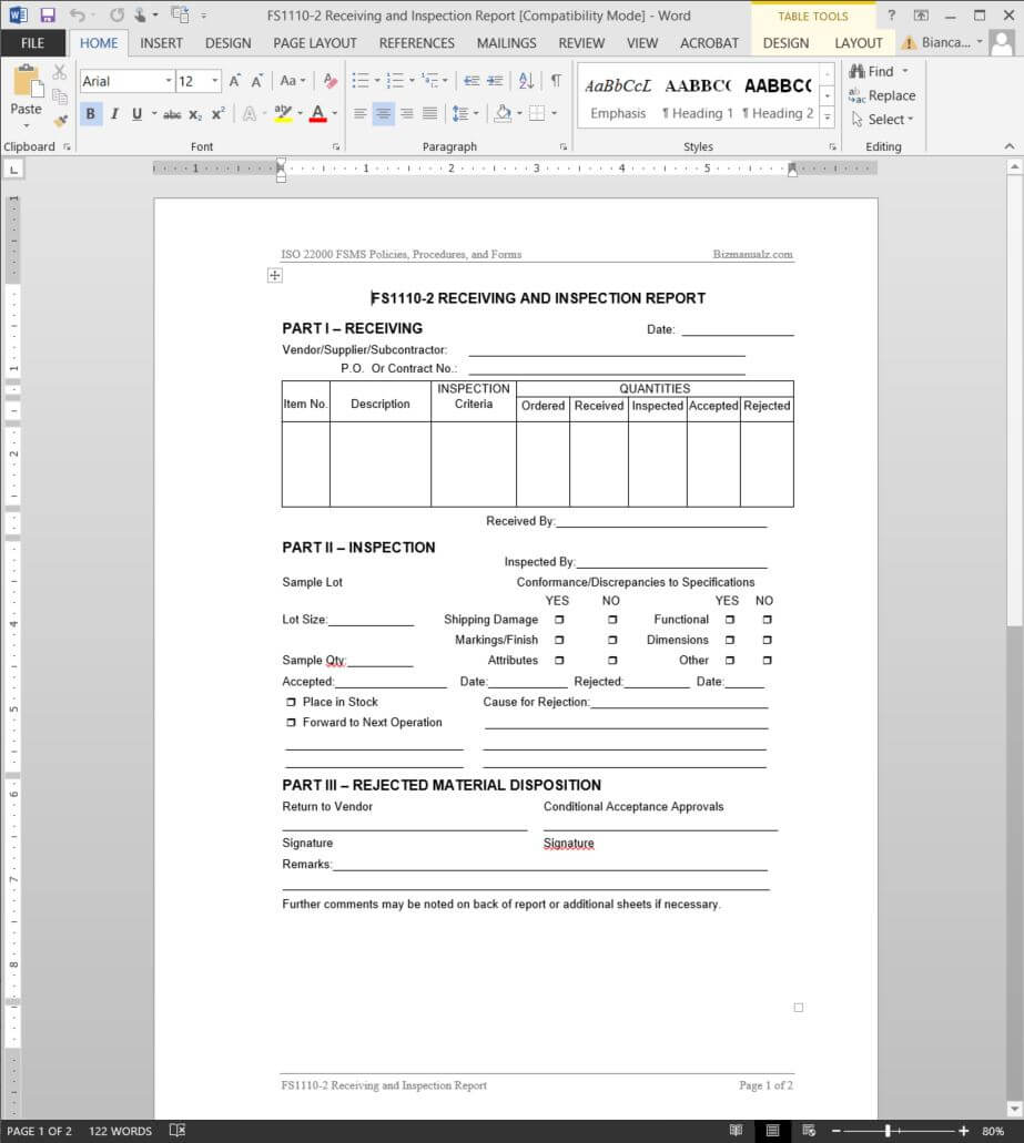 Fsms Receiving Inspection Report Template | Fds1110 2 Pertaining To Part Inspection Report Template