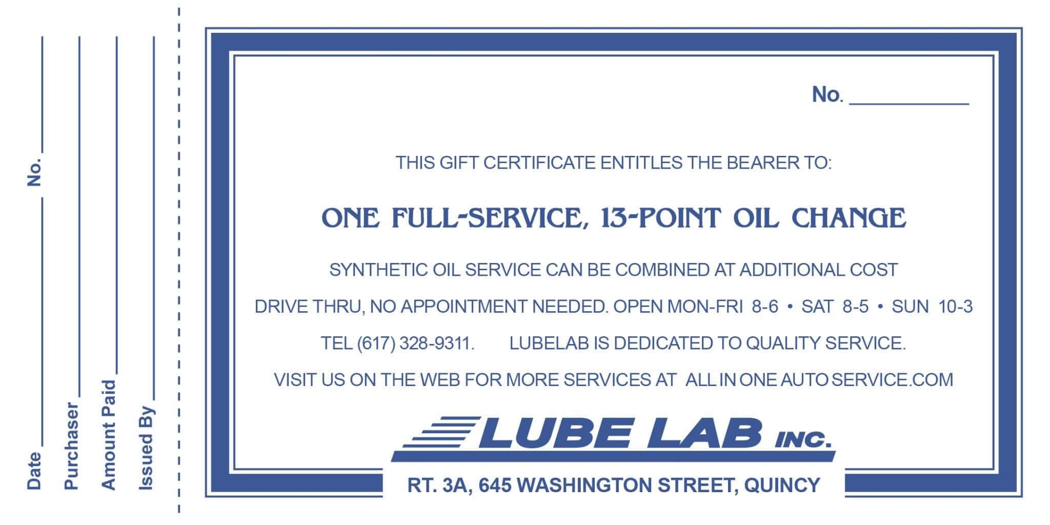 Full Service, 13 Point Oil Change | All In One & Lube Lab Throughout This Certificate Entitles The Bearer To Template