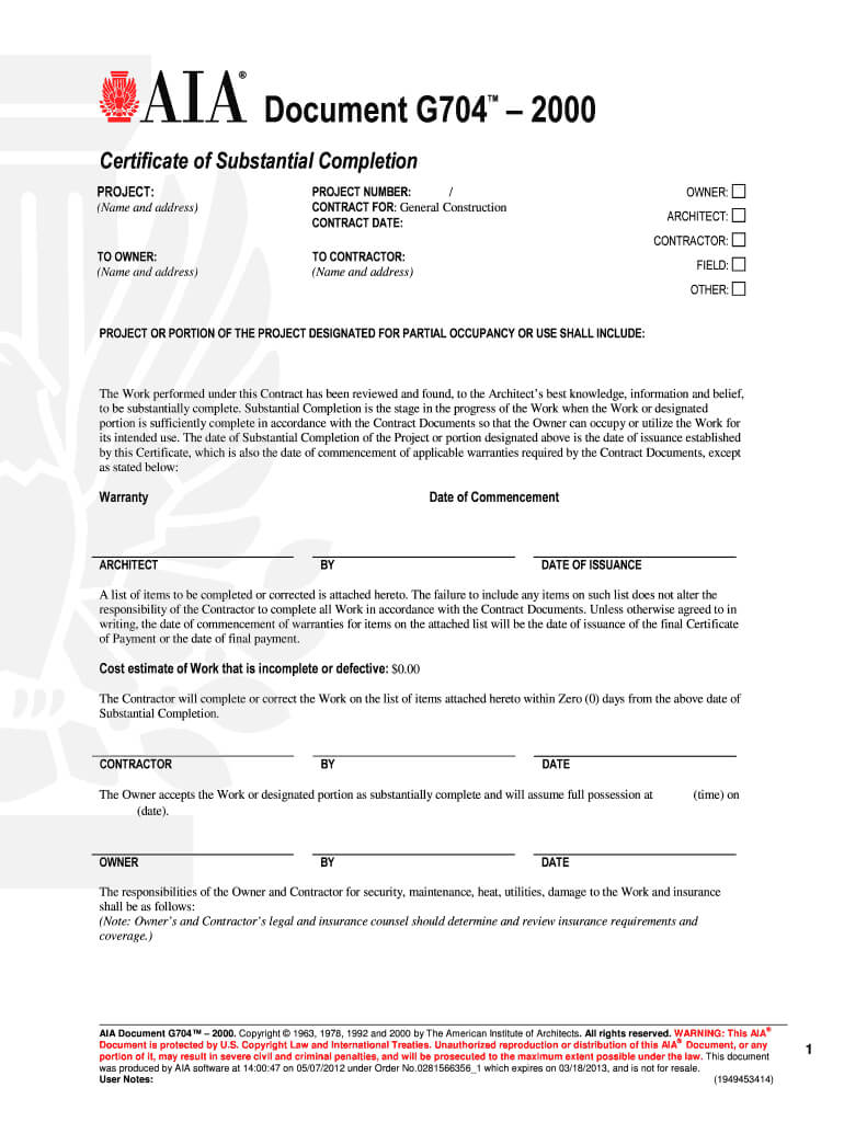 G704 – Fill Online, Printable, Fillable, Blank | Pdffiller Pertaining To Certificate Of Substantial Completion Template