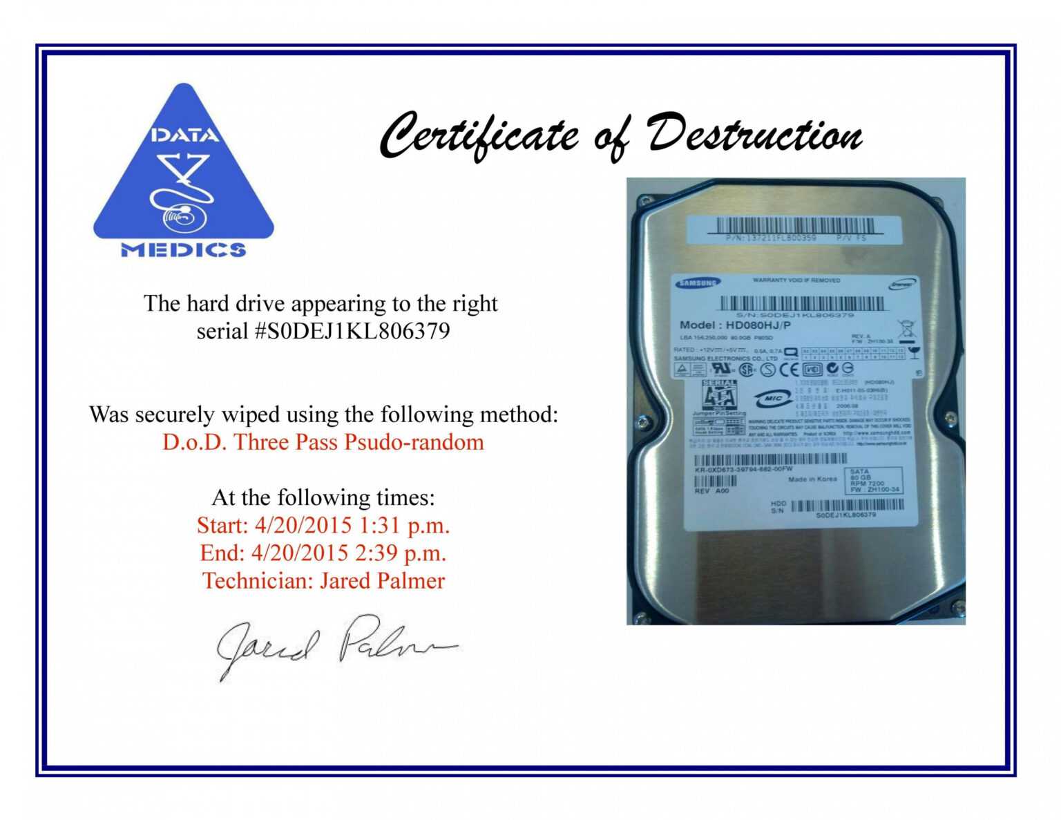 Hard Drive Destruction Certificate Template Professional Template