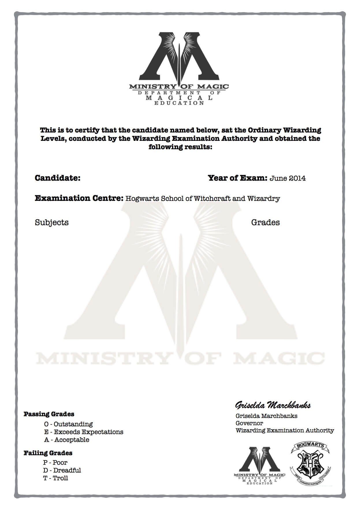 Harry Potter O W L S Certificate Blank Template Hogwarts With Harry Potter Certificate Template