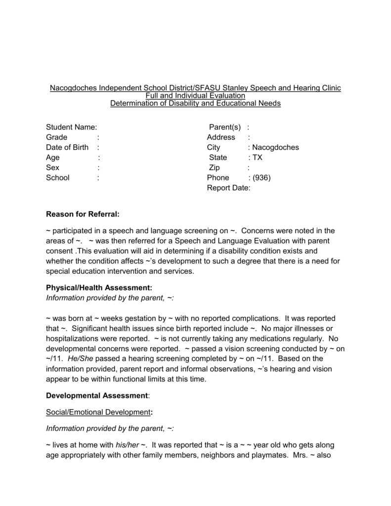 Head Start Evaluation Template Within Speech And Language Report Template