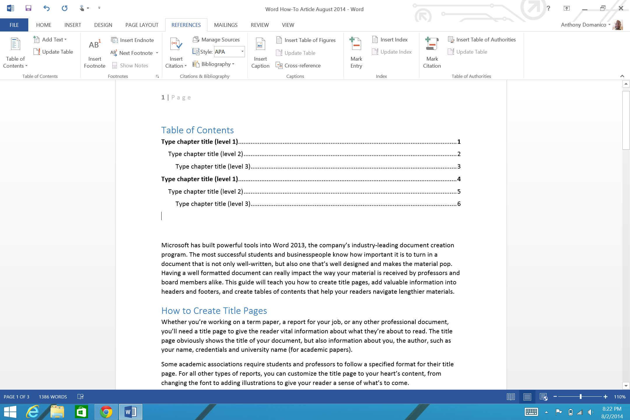 How To Add Page Numbers And A Table Of Contents To Word In Microsoft Word Table Of Contents Template