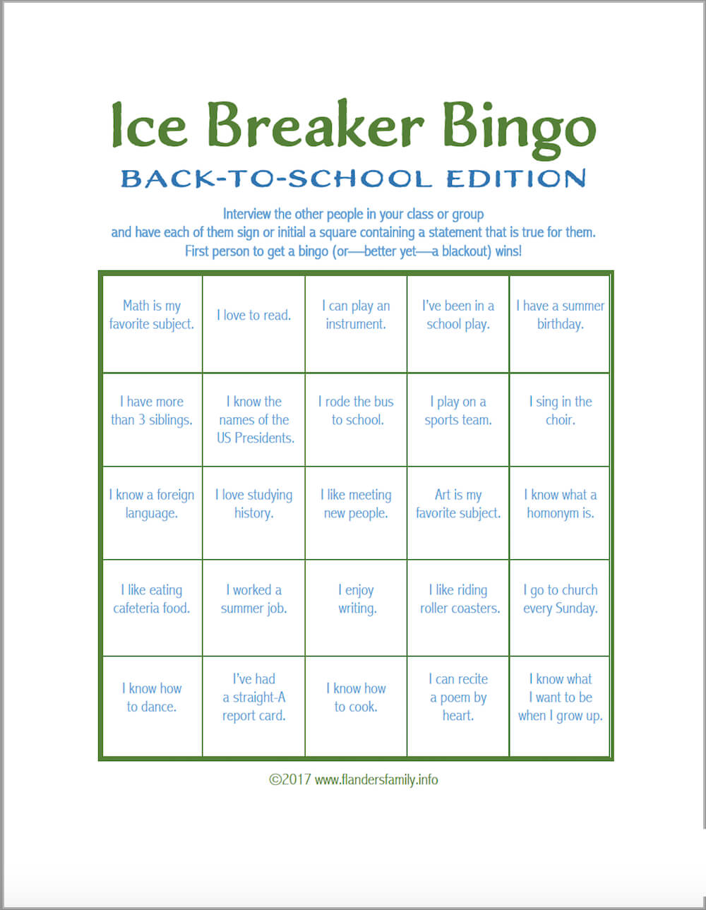 Ice Breaker Bingo: Back To School Version – Flanders Family Pertaining To Ice Breaker Bingo Card Template
