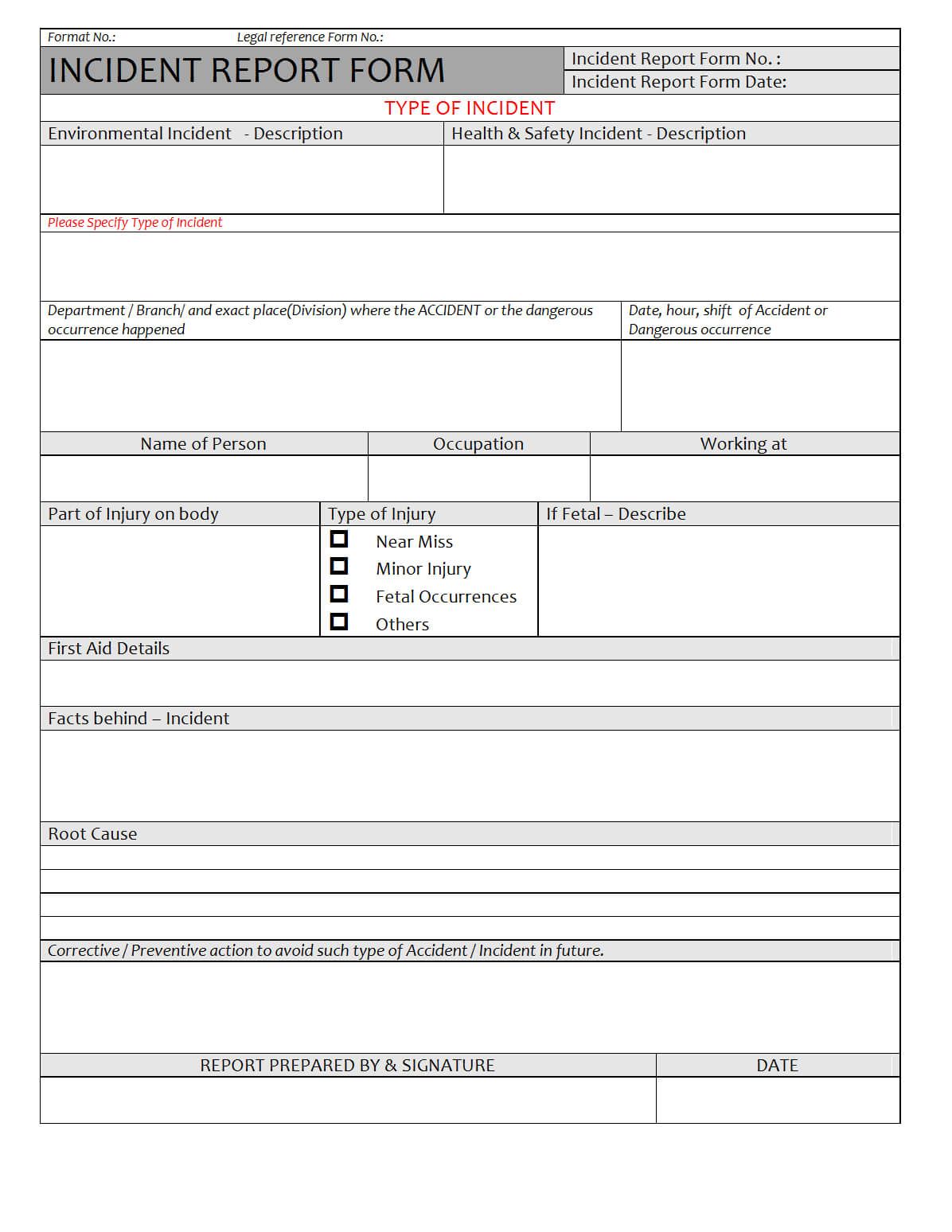 Incident Report Form – For Incident Report Register Template