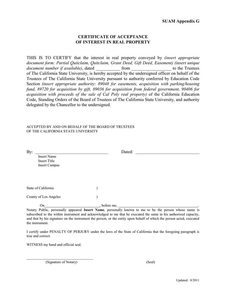 Insert Appropriate Suam Appendix G Certificate Of Acceptance In Certificate Of Acceptance Template