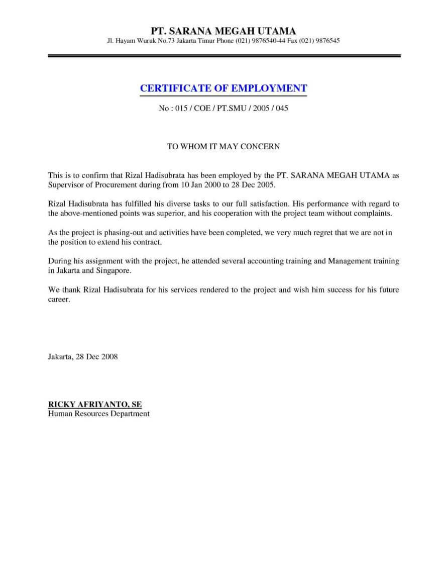 Job Employment Certificate Sample Certification Letter Pertaining To Certificate Of Employment Template