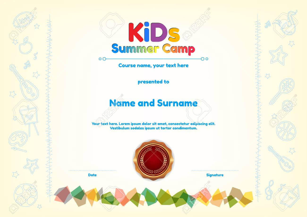 Kids Summer Camp Diploma Or Certificate Template Award Seal With.. Inside Fun Certificate Templates